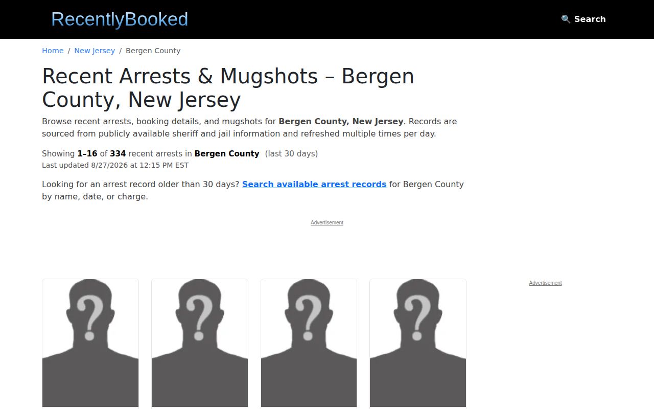 Bergen County secondary arrest record listing from RecentlyBooked