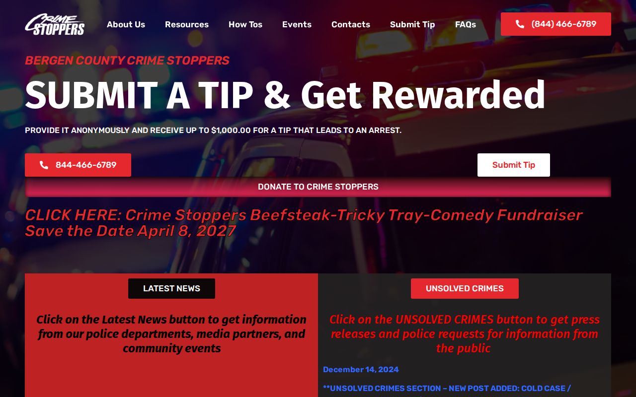 Bergen County anonymous crime tip reporting through Bergen Crime Stoppers