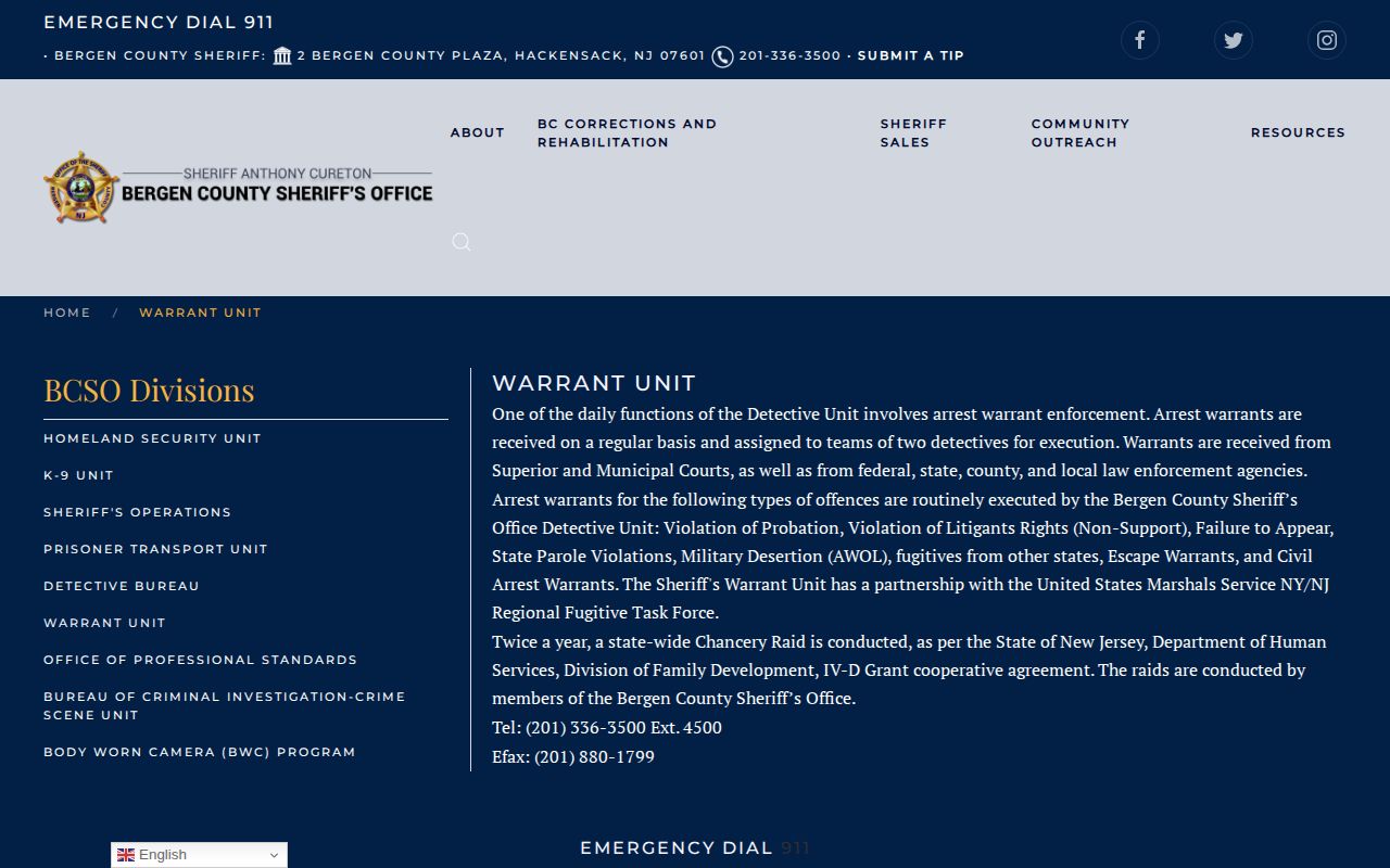 Bergen County warrant record information from the Sheriff Warrant Unit
