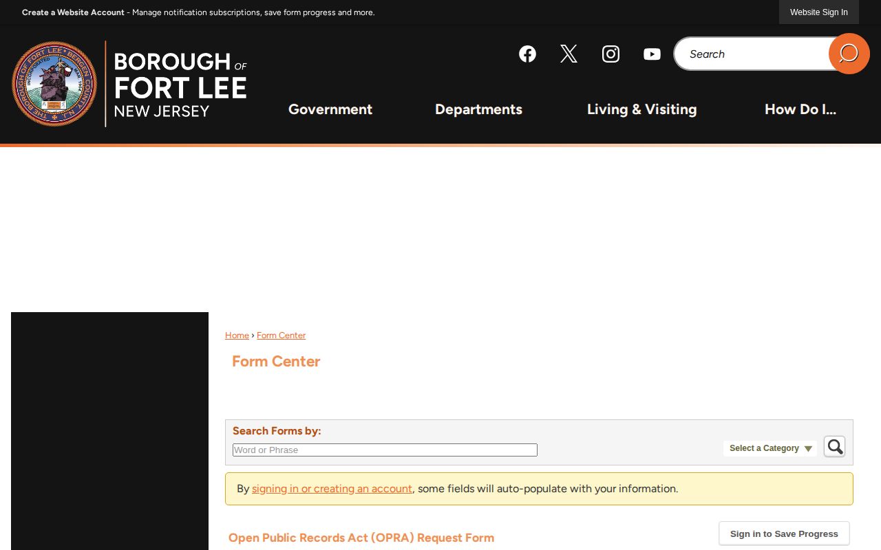 Fort Lee Borough official OPRA request form webpage